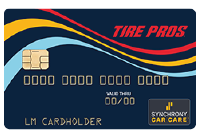 Tire Pros credit card, navy blue with gold, yellow, and red stripes.