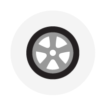 Car tire graphic in a white circle, black tire with gray rim.